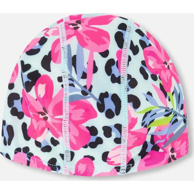 Swim Cap, Blue Floral And Leopard Print