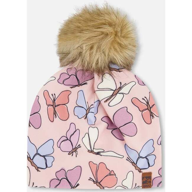 Stretch Jersey Hat With Pompom, Pink Printed Butterflies