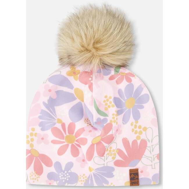 Stretch Jersey Hat With Pompom, Pink Flower Print