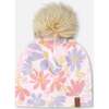 Stretch Jersey Hat With Pompom, Pink Flower Print - Winter Hats - 1 - thumbnail