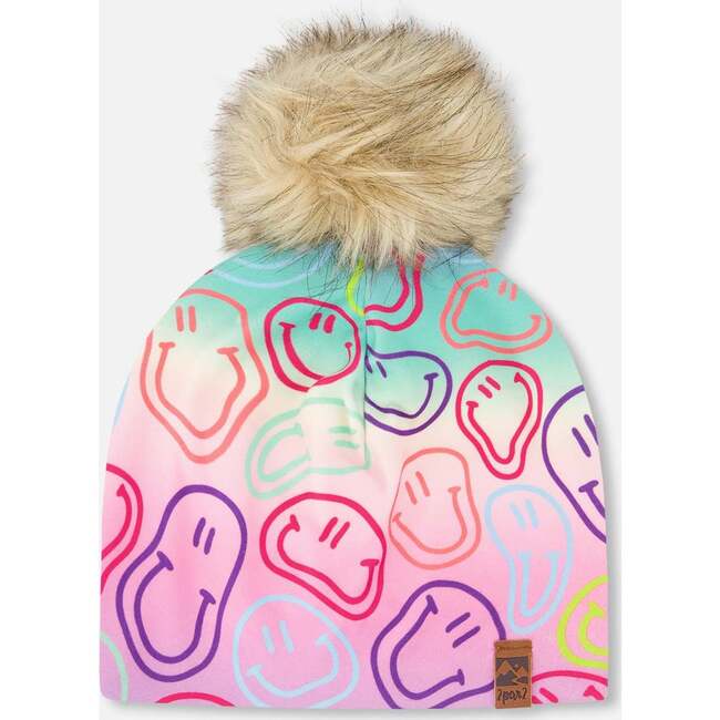 Stretch Jersey Hat With Pompom, Multicolored Printed Smileys