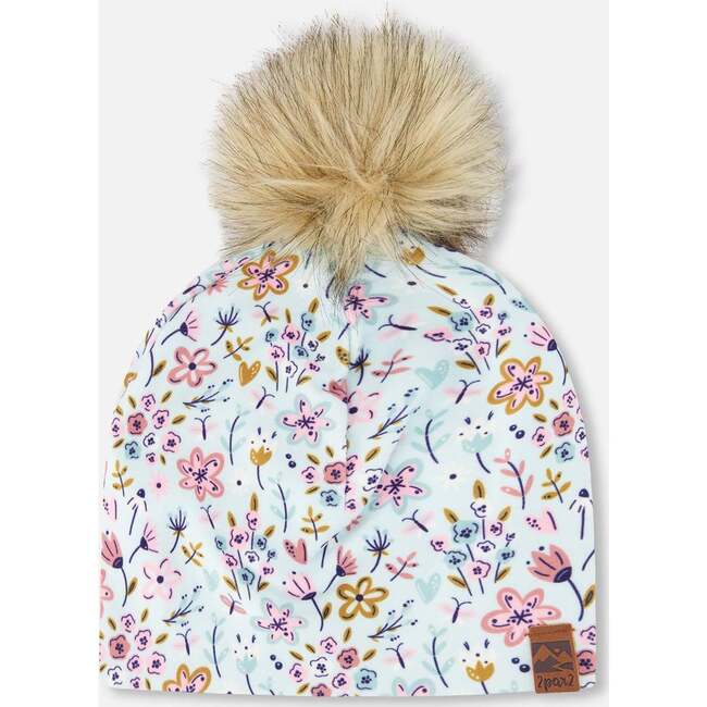 Stretch Jersey Hat With Pompom, Blue Mini Flower Print