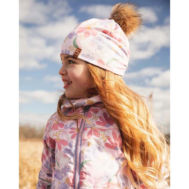 Stretch Jersey Hat With Pompom, Pink Flower Print