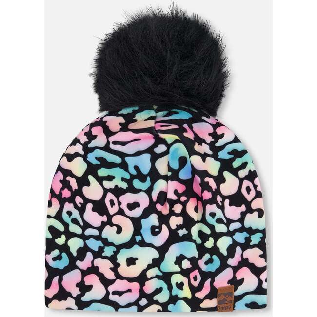 Stretch Jersey Hat With Pompom, Black Animal Print