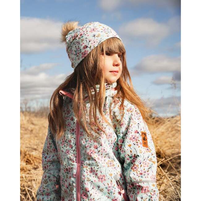 Stretch Jersey Hat With Pompom, Blue Mini Flower Print