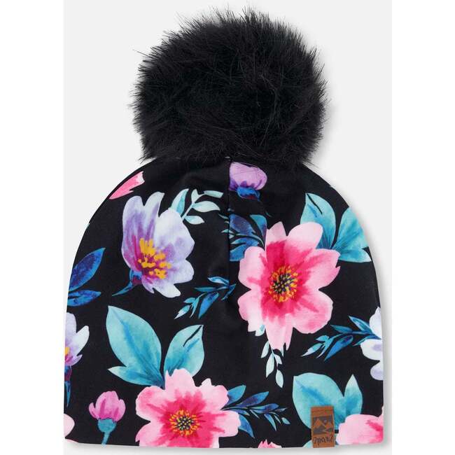 Stretch Jersey Hat With Pompom, Black Floral Print