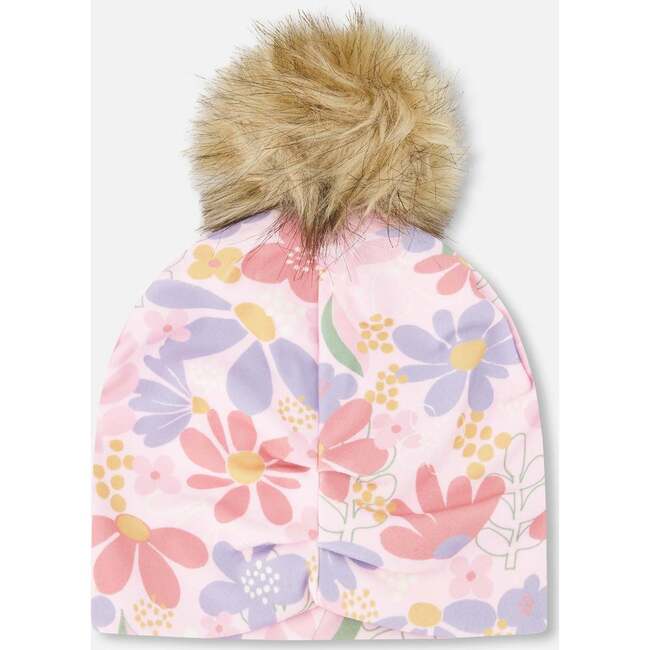 Stretch Jersey Hat With Pompom, Pink Flower Print - Winter Hats - 3