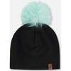 Stretch Jersey Hat With Pompom, Black - Winter Hats - 1 - thumbnail