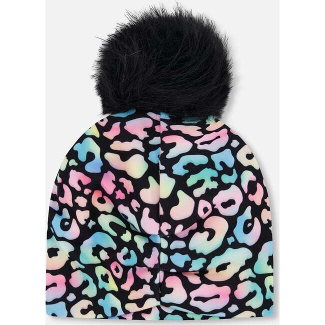 Stretch Jersey Hat With Pompom, Black Animal Print - Winter Hats - 3