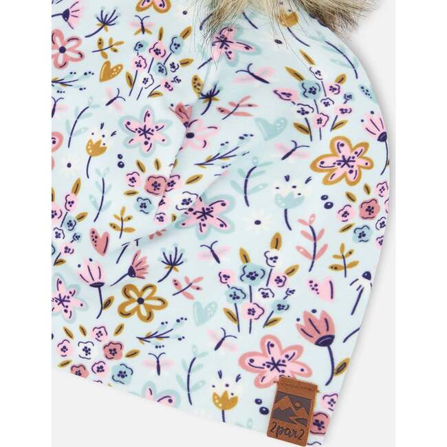 Stretch Jersey Hat With Pompom, Blue Mini Flower Print - Winter Hats - 5