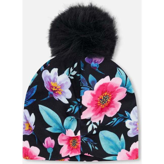 Stretch Jersey Hat With Pompom, Black Floral Print - Winter Hats - 3