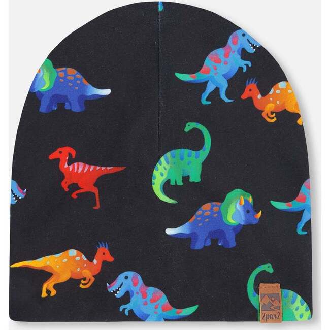 Stretch Jersey Beanie, Black Dinosaur Print