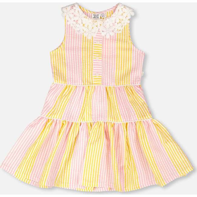 Sleeveless Dress With Crochet Peter Pan Collar, Pink & Yellow Stripes