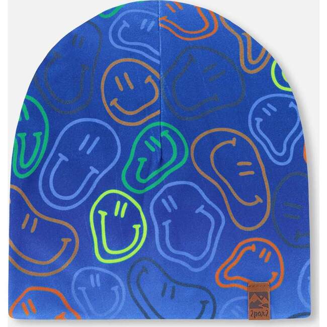 Stretch Jersey Beanie, Blue Printed Smileys
