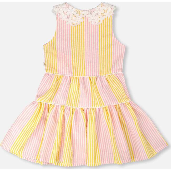 Sleeveless Dress With Crochet Peter Pan Collar, Pink & Yellow Stripes