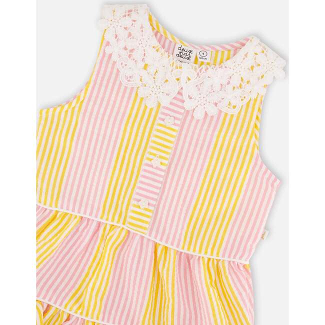Sleeveless Dress With Crochet Peter Pan Collar, Pink & Yellow Stripes - Dresses - 3