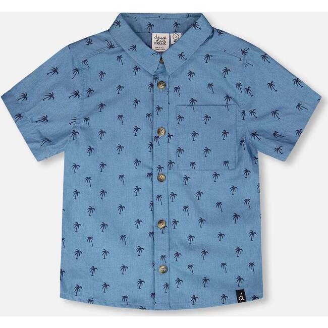 Short Sleeve Chambray Shirt, Blue Chambray Palm Print