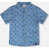 Short Sleeve Chambray Shirt, Blue Chambray Palm Print - T-Shirts - 1 - thumbnail