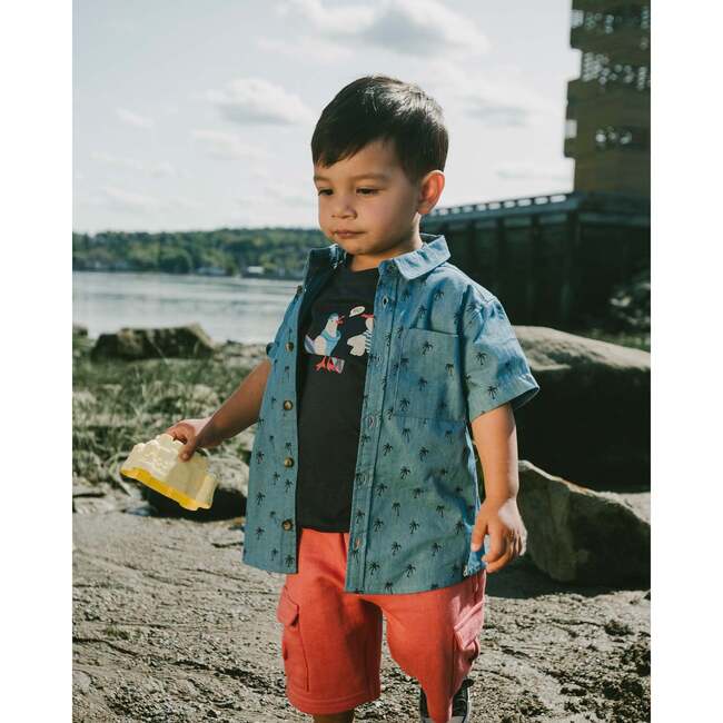Short Sleeve Chambray Shirt, Blue Chambray Palm Print