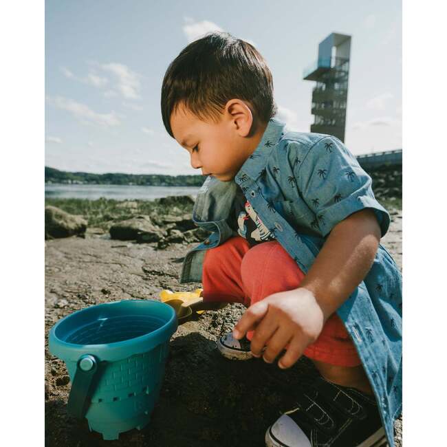 Short Sleeve Chambray Shirt, Blue Chambray Palm Print - T-Shirts - 3