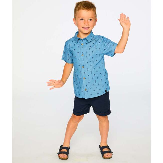 Short Sleeve Chambray Shirt, Blue Chambray Palm Print - T-Shirts - 4
