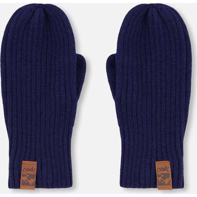 Ribbed Knit Mittens, Navy Blue