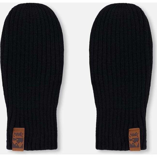 Ribbed Knit Mittens, Black