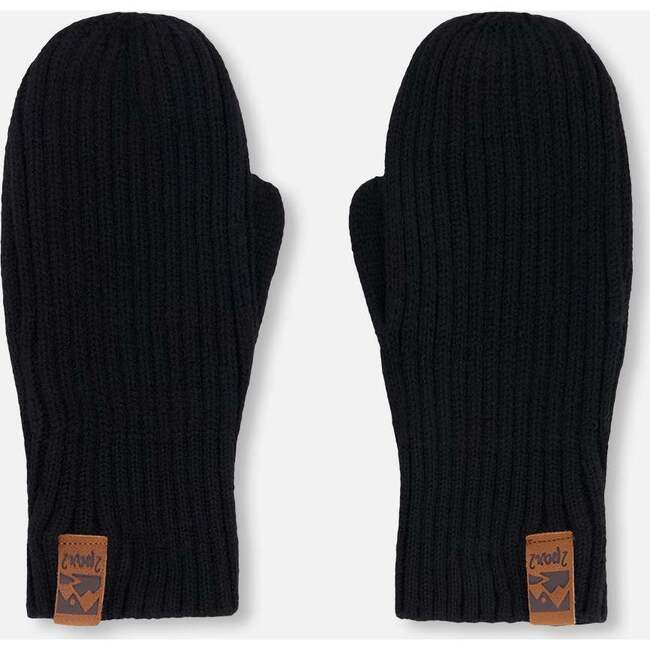 Ribbed Knit Mittens, Black