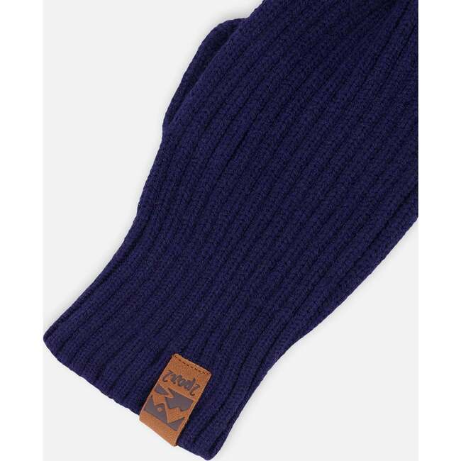 Ribbed Knit Mittens, Navy Blue - Gloves - 4