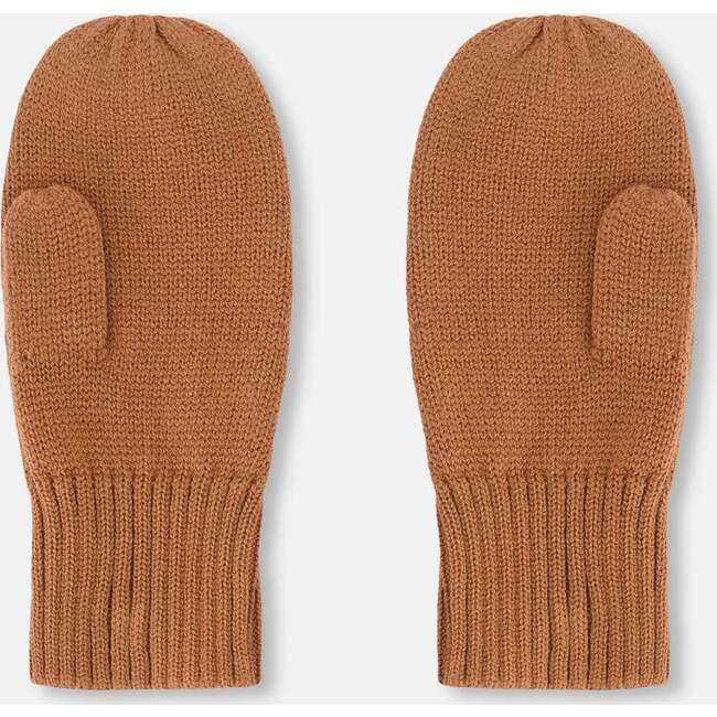 Ribbed Knit Mittens, Brown - Gloves - 3