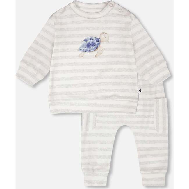 Soft Jersey Sweater And Pants Set, White & Grey Stripes