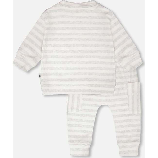Soft Jersey Sweater And Pants Set, White & Grey Stripes - Mixed Apparel Set - 3