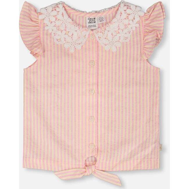 Sleeveless Shirt With Crochet Collar, Pink &Yellow Stripes