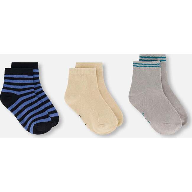 Socks (3 Pairs) Set, Striped Blue/Biege/Grey