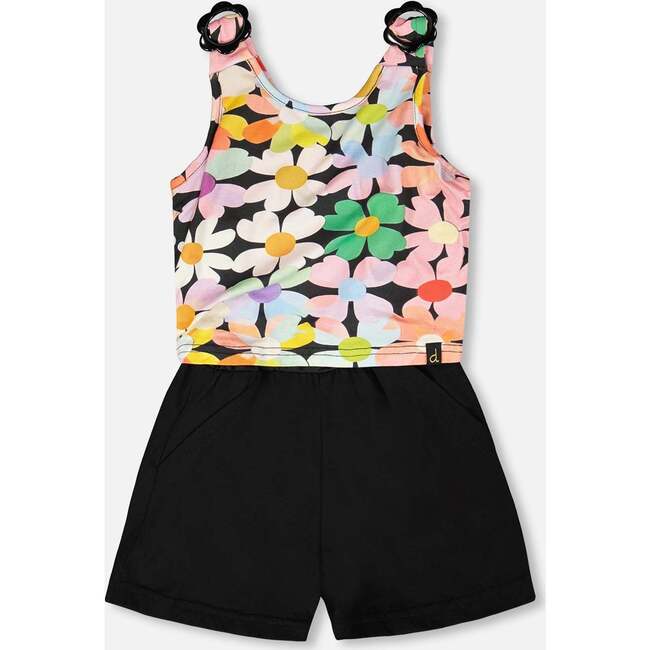 Sleeveless Jersey Jumpsuit, Black Floral Print - Rompers - 3