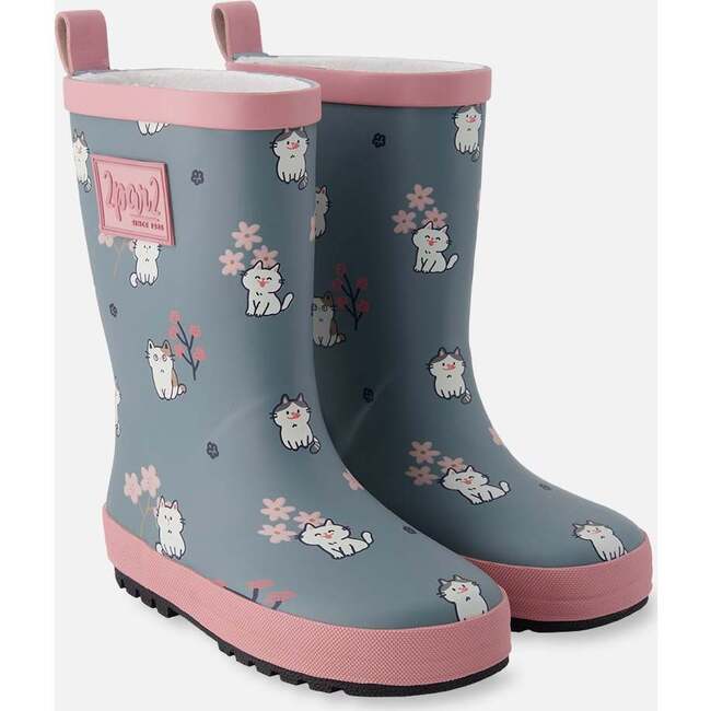 Rain Boots In Natural Rubber Green Cat Print, Green Printed Cats