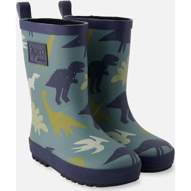 Rain Boots In Natural Rubber, Green Dinosaur Print