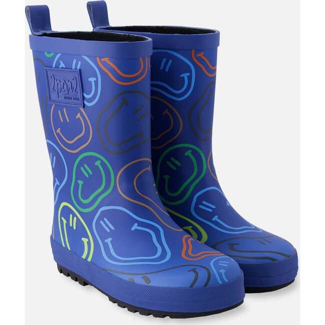 Rain Boots In Natural Rubber Blue Smiley Print, Blue Printed Smiley