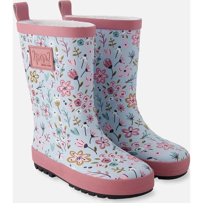 Rain Boots In Natural Rubber, Blue Mini Flower Print