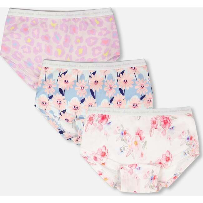 Printed Boyshort Panties (Pack Of 3) In Organic Cotton, Pink Printed Flowers
