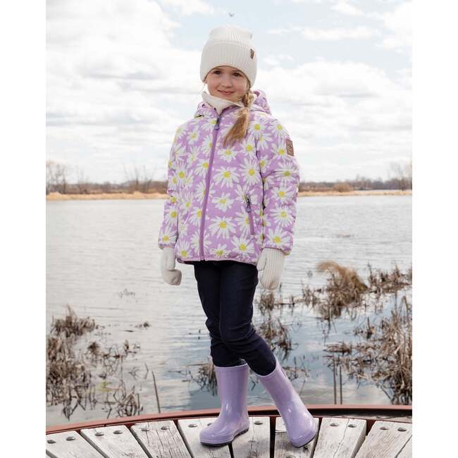 Quilted Mid-Season Jacket, Purple Printed Daisies - Jackets - 3
