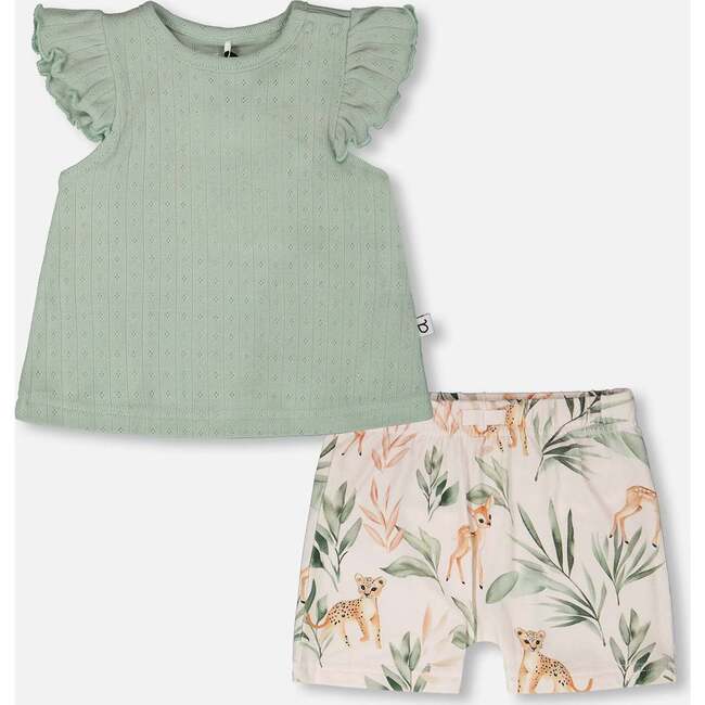 Pointelle Top And Organic Cotton Jersey Short Set, Green And Peach Deer Print