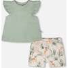 Pointelle Top And Organic Cotton Jersey Short Set, Green And Peach Deer Print - Mixed Apparel Set - 1 - thumbnail