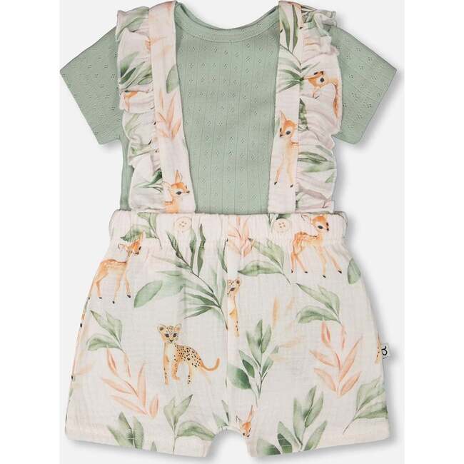 Pointelle Onesie And Cotton Muslin Shortall Set, Green And Peach Deer Print