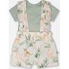 Pointelle Onesie And Cotton Muslin Shortall Set, Green And Peach Deer Print - Mixed Apparel Set - 1 - thumbnail