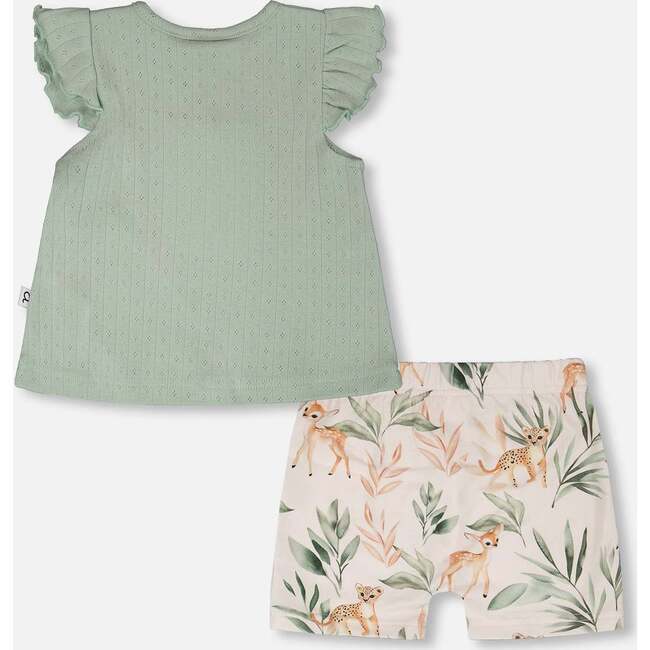 Pointelle Top And Organic Cotton Jersey Short Set, Green And Peach Deer Print - Mixed Apparel Set - 3