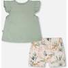 Pointelle Top And Organic Cotton Jersey Short Set, Green And Peach Deer Print - Mixed Apparel Set - 3 - thumbnail