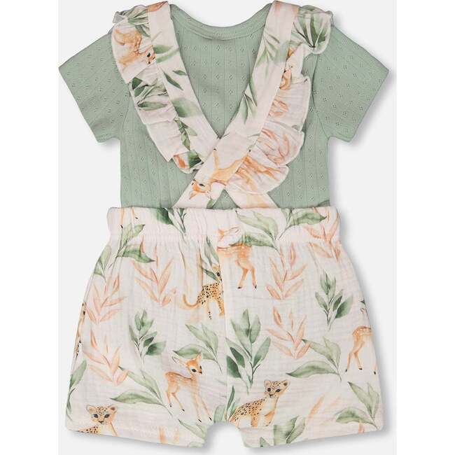 Pointelle Onesie And Cotton Muslin Shortall Set, Green And Peach Deer Print - Mixed Apparel Set - 3