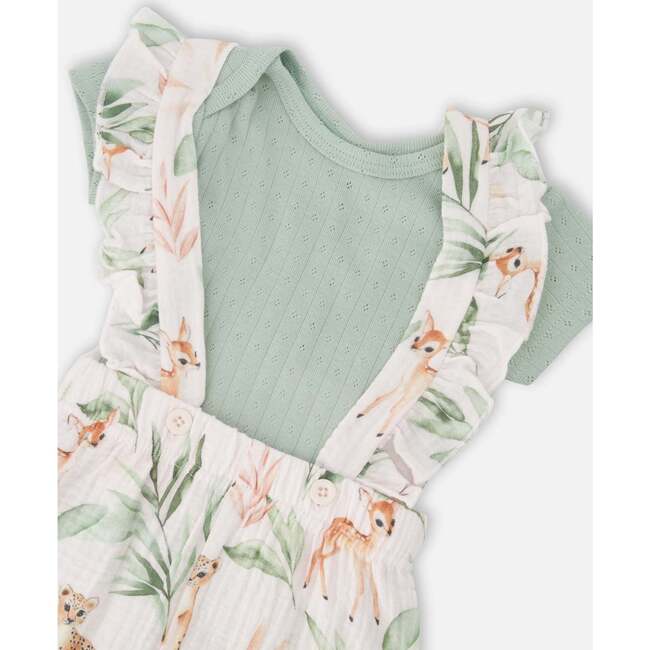 Pointelle Onesie And Cotton Muslin Shortall Set, Green And Peach Deer Print - Mixed Apparel Set - 4
