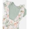 Pointelle Onesie And Cotton Muslin Shortall Set, Green And Peach Deer Print - Mixed Apparel Set - 4